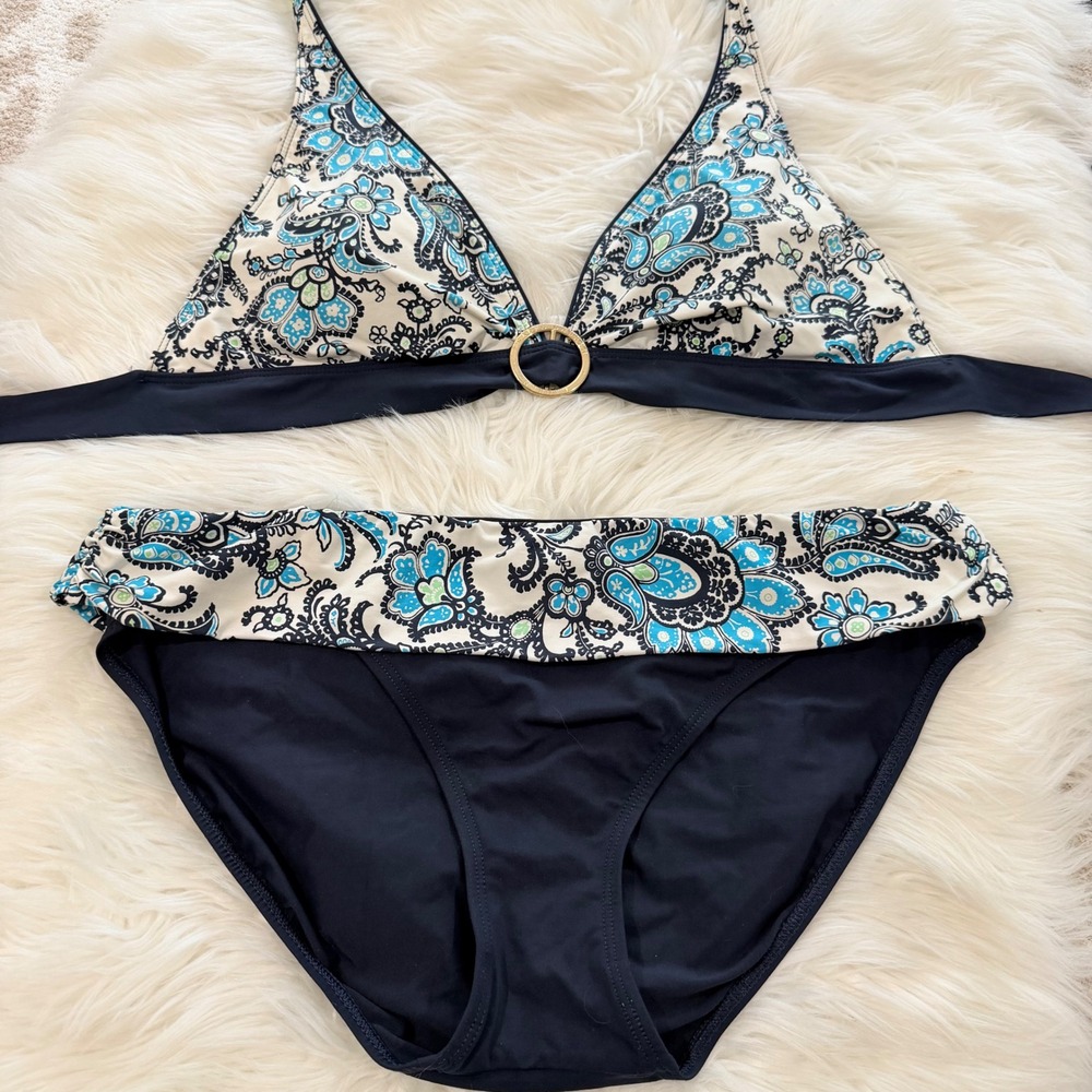 Lauren Ralph Lauren Paisley Bikini Set Navy Blue Light Blue Gold Ring Halter 12